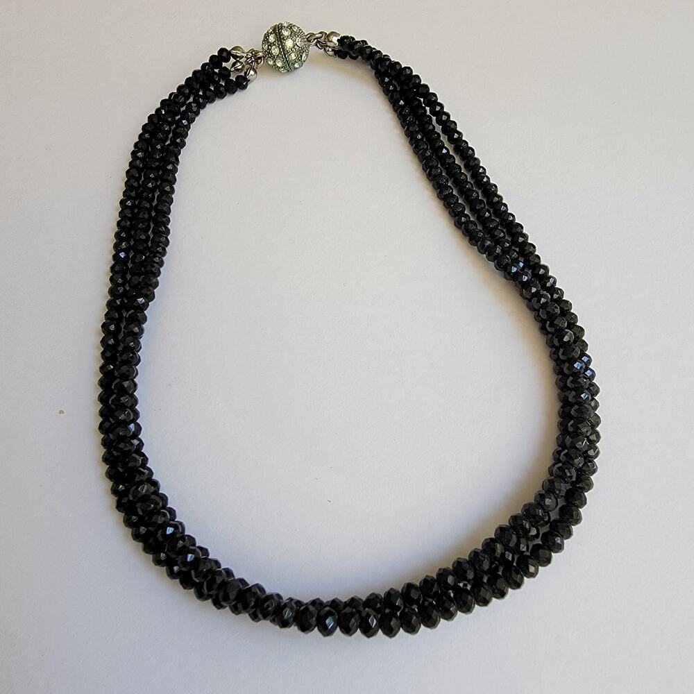 Vintage Black Multi-Strand Beaded Necklace with Magnetic Rhinestone Clasp